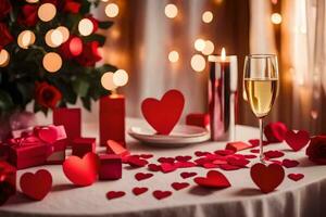 San Valentín día mesa ajuste con rojo corazones y velas generado por ai foto