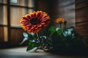 orange flower in front of window with green leaves. AI-Generated photo