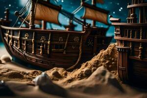 a model of a pirate ship in the sand. AI-Generated photo