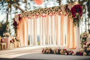 a wedding ceremony with flowers and gold chairs. AI-Generated photo