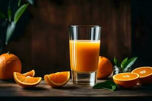 un naranja jugo vaso y naranjas en un de madera mesa. generado por ai foto