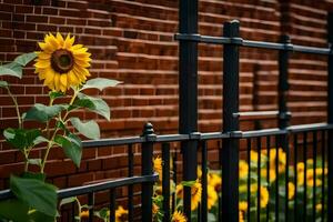 a sunflower is growing in front of a fence. AI-Generated photo