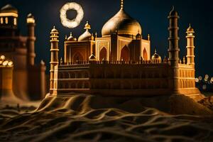 a sand castle with a taj mahal in the background. AI-Generated photo