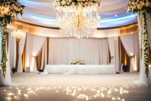 a wedding reception with a chandelier and white drapes. AI-Generated photo