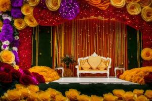 a stage decorated with flowers and a white chair. AI-Generated photo