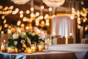 un mesa con velas y flores en frente de un fondo de luces. generado por ai foto