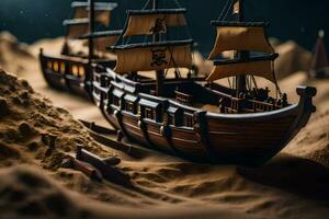 a model of a pirate ship in the sand. AI-Generated photo