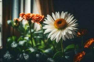 white and orange flowers in front of a window. AI-Generated photo