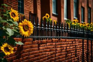 sunflowers are growing along a fence in front of a brick building. AI-Generated photo