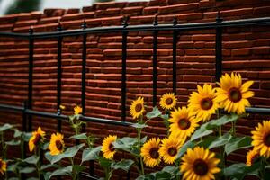 sunflowers are growing in front of a brick wall. AI-Generated photo