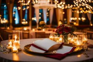 a table with candles and a book on it. AI-Generated photo