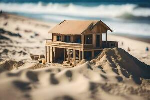 a miniature house on the beach with sand. AI-Generated photo