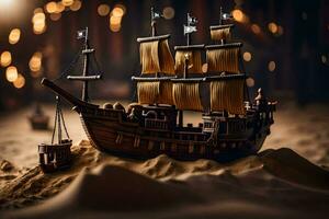 a model of a pirate ship on a sandy beach. AI-Generated photo