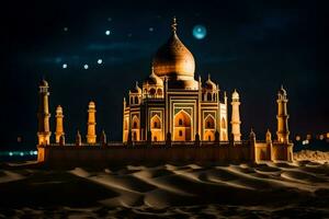 the taj mahal is lit up at night. AI-Generated photo