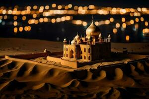 a miniature sand castle in the desert at night. AI-Generated photo