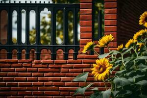 girasoles en frente de un ladrillo pared. generado por ai foto