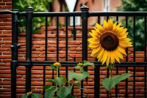 a sunflower is growing in front of a brick wall. AI-Generated photo