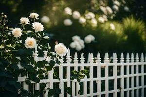 white picket fence with roses in the background. AI-Generated photo