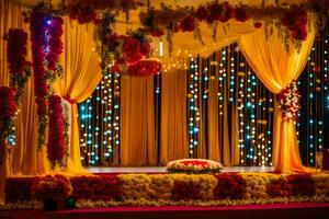a wedding stage decorated with yellow and red flowers. AI-Generated photo