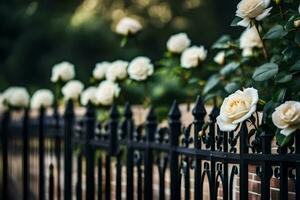 white roses are growing on a fence. AI-Generated photo