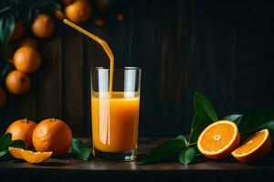 orange juice in a glass with a straw on a dark wooden table. AI-Generated photo