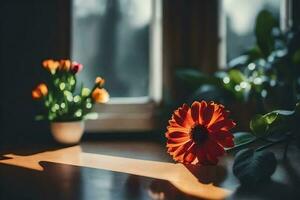 un flor sentado en un mesa en frente de un ventana. generado por ai foto