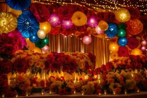 a colorful wedding table with paper lanterns and flowers. AI-Generated photo
