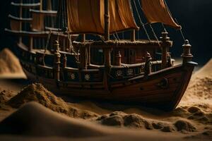 a model of a ship in the sand. AI-Generated photo