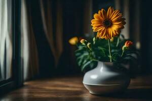 a vase with yellow flowers sitting on a table. AI-Generated photo