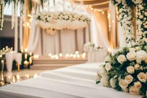 a wedding ceremony with white flowers and candles. AI-Generated photo