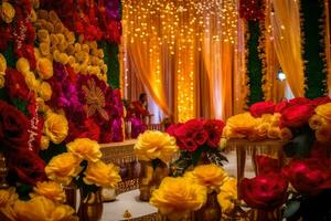 a wedding reception with colorful flowers and garlands. AI-Generated photo