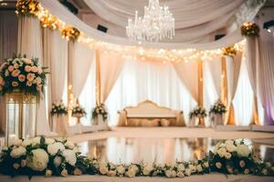 an elegant wedding ceremony with white and gold decor. AI-Generated photo