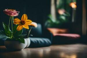 a vase of flowers on a table in front of a couch. AI-Generated photo