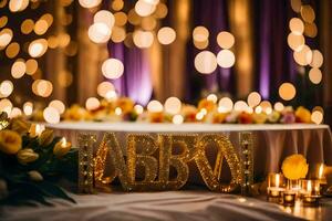 Boda recepción mesa con oro letras y velas generado por ai foto