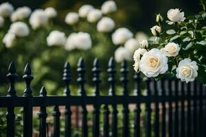 white roses are in front of a black fence. AI-Generated photo