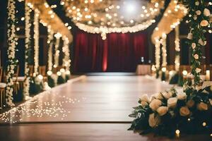 a wedding ceremony is set up with white flowers and lights. AI-Generated photo