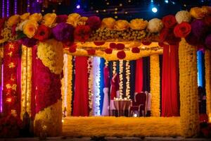 un vistoso Boda arco decorado con flores generado por ai foto