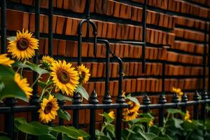 sunflowers growing in front of a brick wall. AI-Generated photo