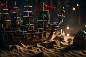 a pirate ship and a pirate chest in the sand. AI-Generated photo