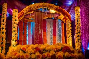 un vistoso Boda etapa decorado con flores generado por ai foto