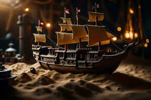 a model of a pirate ship in the sand. AI-Generated photo
