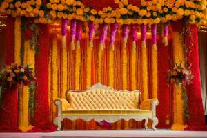 a stage decorated with flowers and a yellow couch. AI-Generated photo