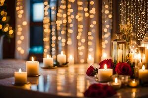 candles and roses are arranged on a table. AI-Generated photo