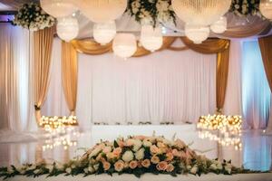 a wedding reception with white and gold decorations. AI-Generated photo