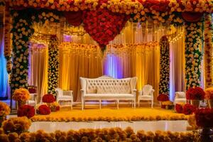 a wedding stage decorated with yellow and orange flowers. AI-Generated photo