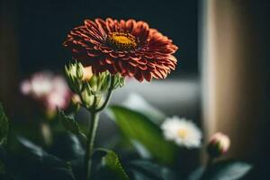 un rojo flor es en frente de un ventana. generado por ai foto