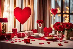 un mesa conjunto para San Valentín día con rojo corazones. generado por ai foto