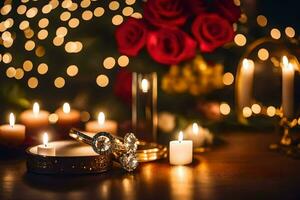 candles, a ring and a candle are on a table. AI-Generated photo