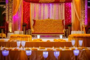 an indian wedding stage decorated with orange and yellow flowers. AI-Generated photo