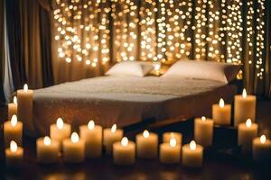 a bed with candles and lights in the background. AI-Generated photo